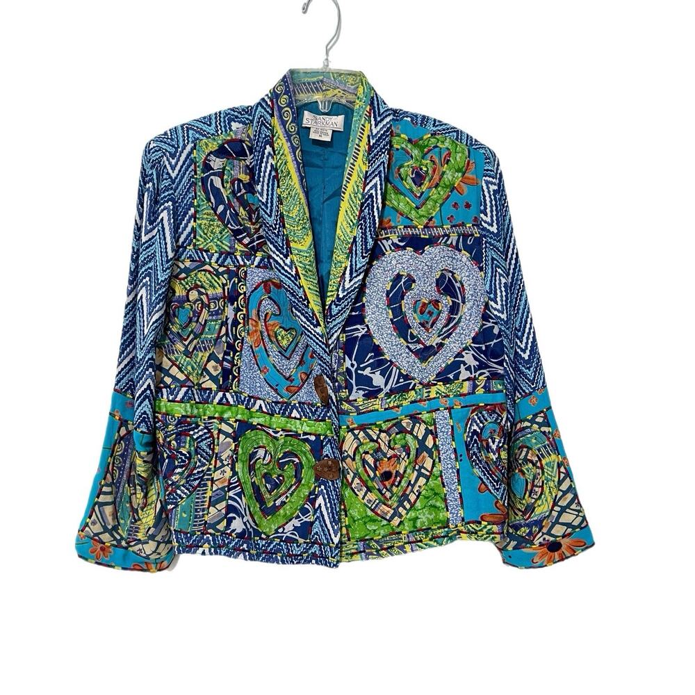 VTG Sandy Starkman Y2K Women M Patchwork Jacket Embroidered Wearable Art Blue